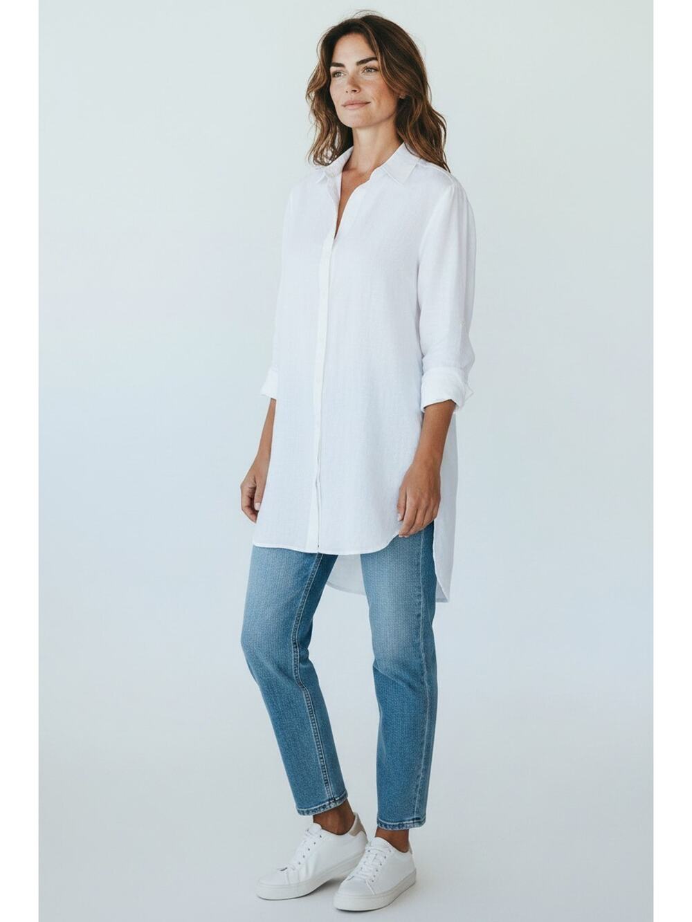 A6 Auth EILEEN FISHER White Organic Linen Classic Collar Long Shirt Dress Sz XL